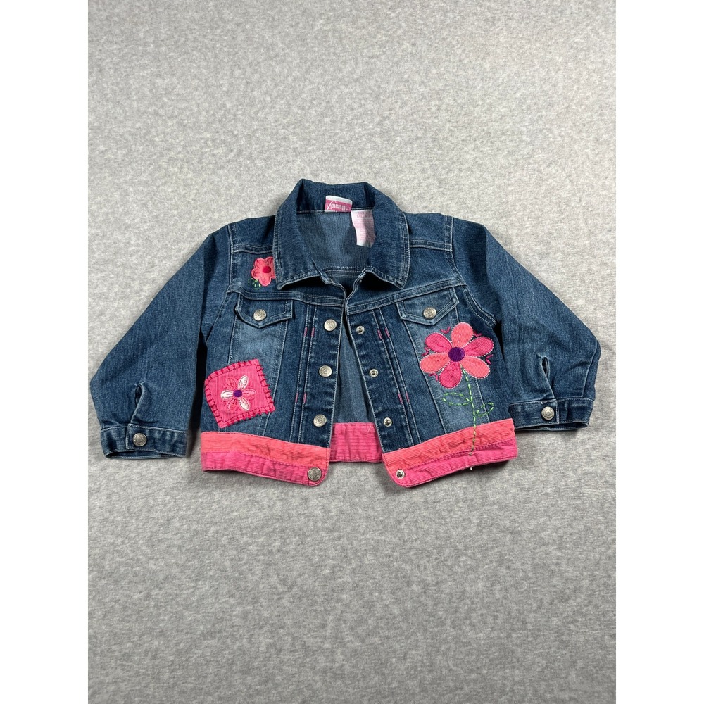 VTG Nannette Denim Jacket Girls 3T Blue Pink Floral Embroidered Y2K Kidcore